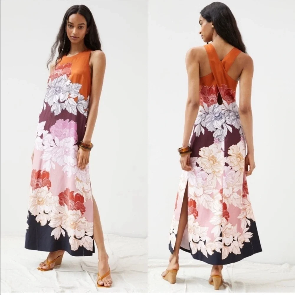 Anthropologie Maeve Maxi Dress Women’s XL Floral Twist Back Orange Slit Sides Q - Picture 1 of 11
